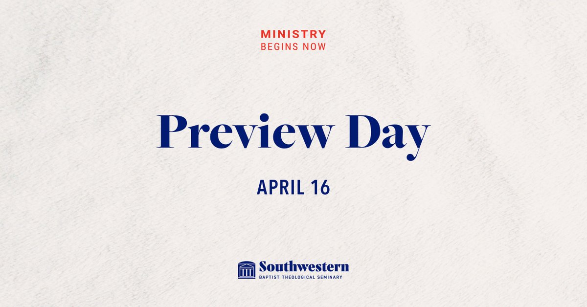 Spring Preview Day is this Friday, April 16. Don't miss your chance to see the campus, speak with the professors, attend a panel discussion, and more. Seminary Hill is a special place we want you to experience first-hand. Register now: swbts.edu/preview