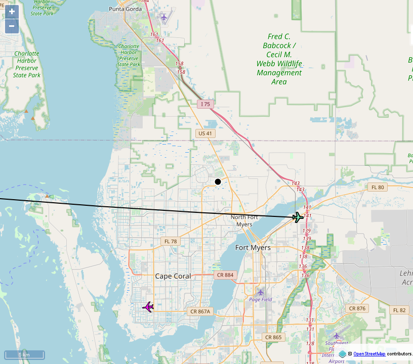 Above_CapeCoral's tweet image. #PVO999 : #CSG (Columbus, GA) to #2IS (Clewiston, FL). 2.5 mi away @ 15300 ft and 49.3° frm hrzn, heading E @ 450.0mi/h 14:05:00 icao:ADF47E. #MovingQuickly #AboveCapeCoral #ADSB
