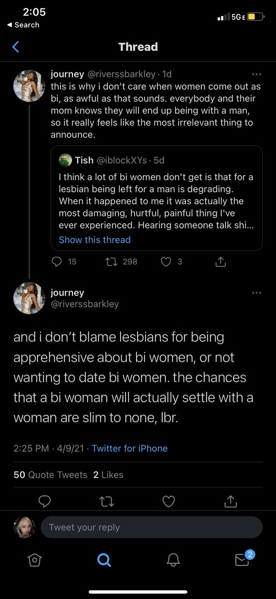claiming that bi women only settle for men, erasing their attraction to women, or anything of that sort. example: this bullshit. (picture below)