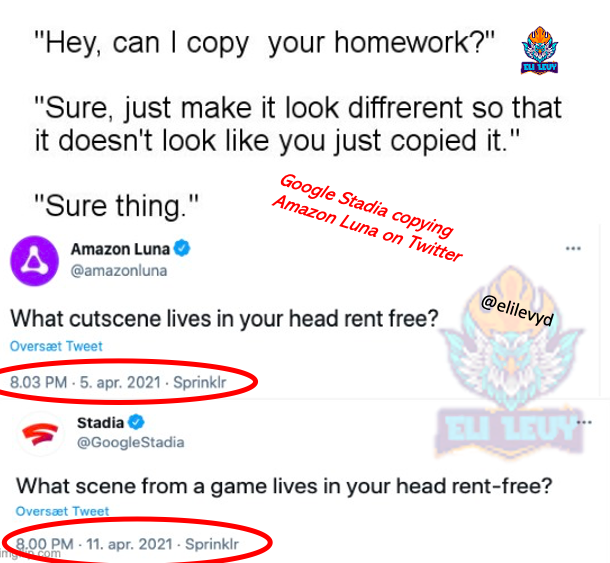elilevyd's tweet photo. Not cool @GoogleStadia. Why are you copying @amazonluna's tweets? At least give them some credit. Reminds me of "Can I borrow your homework?"-meme
#CloudGaming #Stadia100 #amazonLuna #Stadia #GoogleStadia #CloudPlay #TeamStadia #AmazonLunaCommunity #CanIBorrowYourHomeWork? https://t.co/Wcvjo9Iy9g