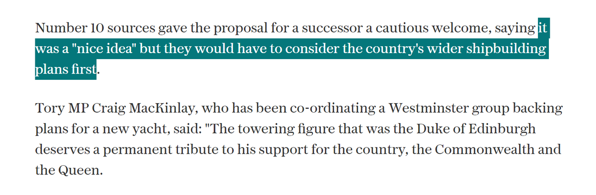 If you actually click through to the Telegraph, and read the full article, you'll find also find this quote, explaining what Number 10 really think of the idea (below).I expect most readers would understand this as Number 10 saying "this is a nice idea, but: No."