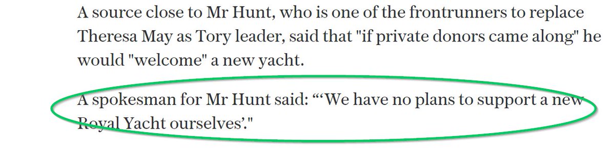 Even further back, you can see wherever anyone is happy to answer the question "Should we have a royal yacht?" with anything other than "definitely not ever", it risks becoming a "Soandso Backs Royal Yacht" story.For example, read this Jeremy Hunt headline + quote pairing: