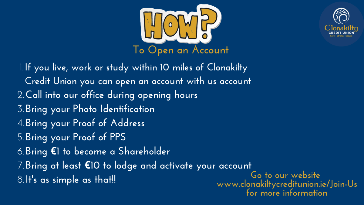 ClonDunCU's tweet image. We are back opening accounts from tomorrow.  Please have everything with you to make the process faster to spend less time at our counter area. 
We look forward to welcoming all our new members ☺️

#openanaccount #joinacreditunion