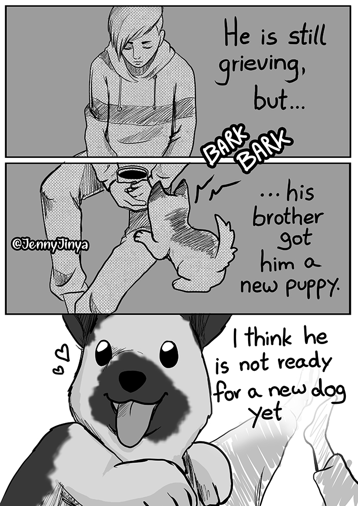 [Sequel to "Little Fish"]
A new pet to "replace" the old one can be a difficult experience. But you can't replace old friends. You can always make new friends though ?
Rest pages in comments - 1/3 