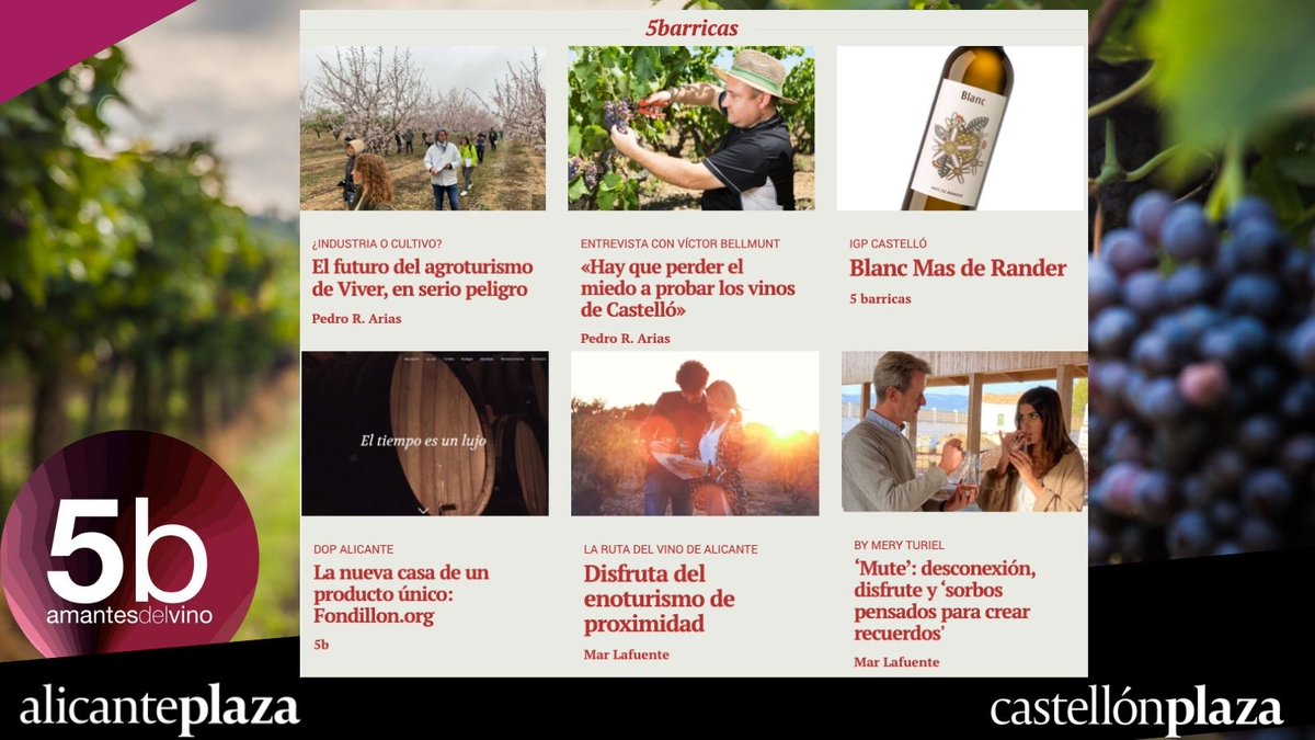 💻  <a href="/alicanteplaza/">Alicante Plaza</a> <a href="/PlazaCastellon/">Guille Plaza Castellón</a> / Descubre las últimas novedades de las bodegas de la <a href="/IGPcastello/">IGP Castelló 🍷</a>  Castelló y @Vinos_ALICANTE en la sección '<a href="/5barricas/">5barricas</a>' del diario nativo digital líder de la Comunitat Valenciana.

🔗  5barricas.valenciaplaza.com