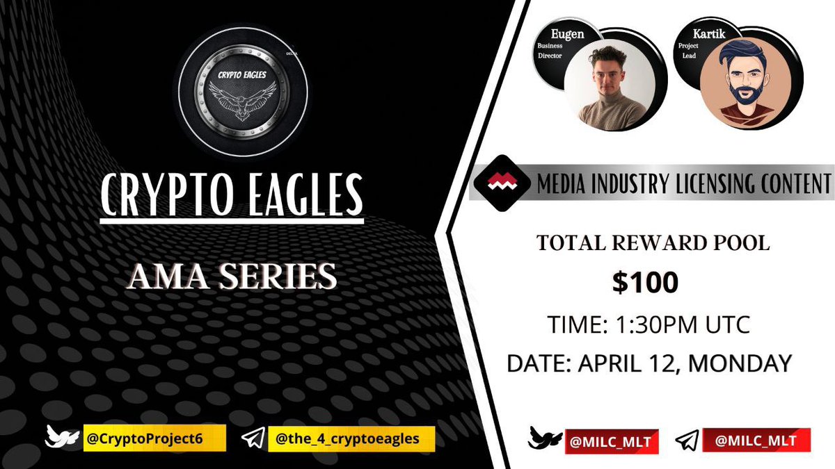 🔥<a href="/MILCplatform/">MILC Media Metaverse</a> x Crypto Eagles AMA 

🔊 We're pleased to announce our next AMA with <a href="/MILCplatform/">MILC Media Metaverse</a>
• Date: April 12, 2021
• Time: 01:30 PM UTC
• Venue  t.me/the_4_cryptoea… (Telegram) 
 10 users to share $100 USDT
👉 Follow: <a href="/CryptoProject6/">Crypto Eagles</a> 
👉 Follow: <a href="/MILCplatform/">MILC Media Metaverse</a>