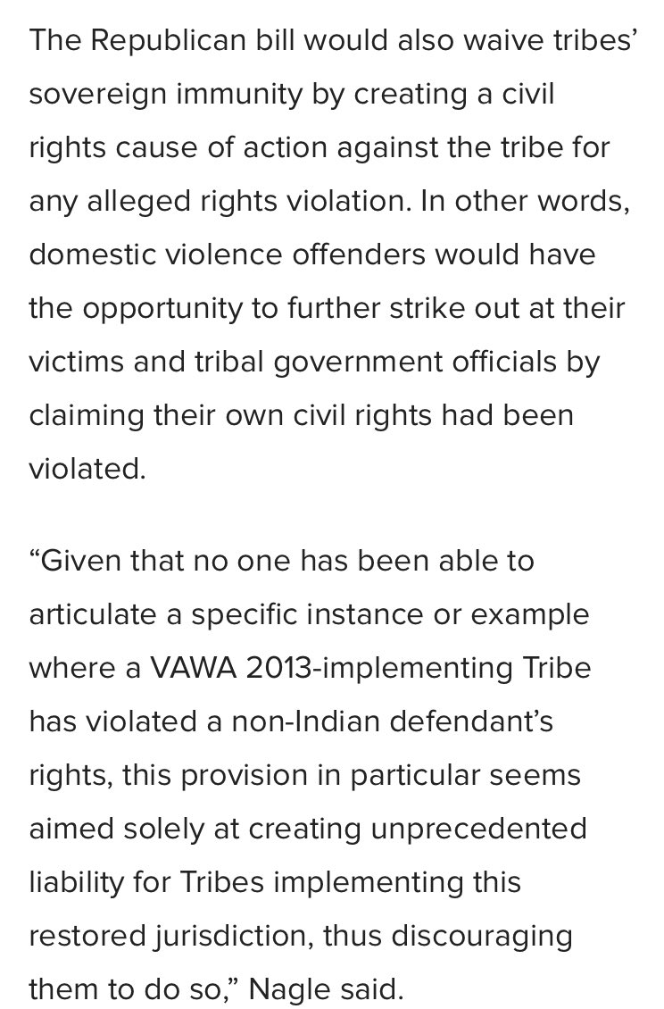 In the VAWA bill Ernst put forward in 2019, it basically gave non-Native men who abuse Native women on tribal land the ability to say *their* civil rights were being violated, and blame the victim + tribal govt officials. I wrote about it then. (10/)  https://www.huffpost.com/entry/violence-against-women-act-senate-republicans-native-americans-lgbtq-guns_n_5dd578ade4b010f3f1d17bbc