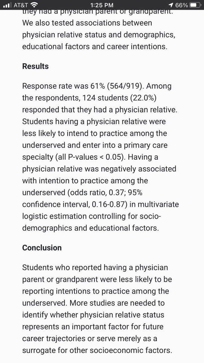 please read this VERY short abstract showing how in a sample of 564 medical students, 22% had physician parents. In this sampling, having a physician parent was NEGATIVELY associated with going into primary care or working w underserved.  https://www.mededpublish.org/manuscripts/1434