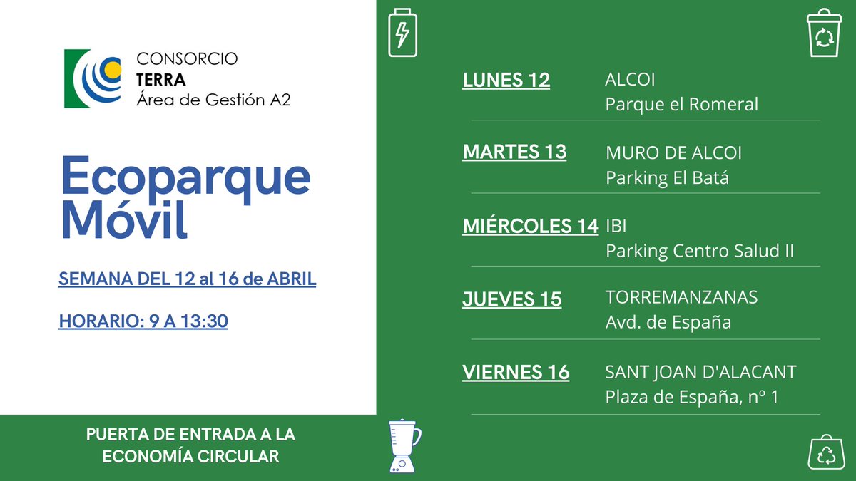 RSU7A2's tweet photo. El #Ecoparque del Consorcio TERRA lo encontrarás en #Alcoi #Murodealcoi #Ibi #Torremanzanas #Santjoandalacant esta semana. https://t.co/jzPCF06A7K