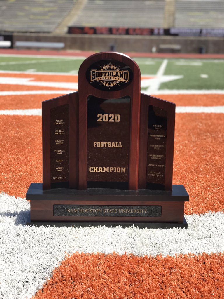 BearkatsFB's tweet photo. This trophy will only be making its home in Huntsville. What a great day to be the outright Conference Champs! ☀️🏆 #EatEmUpKats https://t.co/G3tHi6CSzj