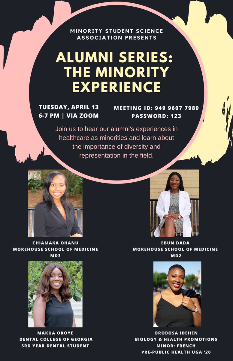 ugaMSSA's tweet image. Join MSSA TUESDAY, APRIL 13 @ 6 PM EST for our Alumni Series: The Minority Experience program! Come listen to our amazing alumni's experiences in healthcare as minorities and learn about the importance of diversity and representation in the field!