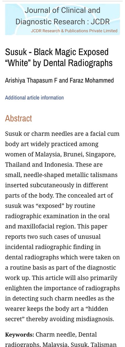 If you "believe" in science, then you have to believe this. Apparently, charm needles/susuk is a clinical phenomenon in the world of radiology. Charm needles are inserted to the body with black magic and can be detected by radiographs although remain invisible to the naked eye