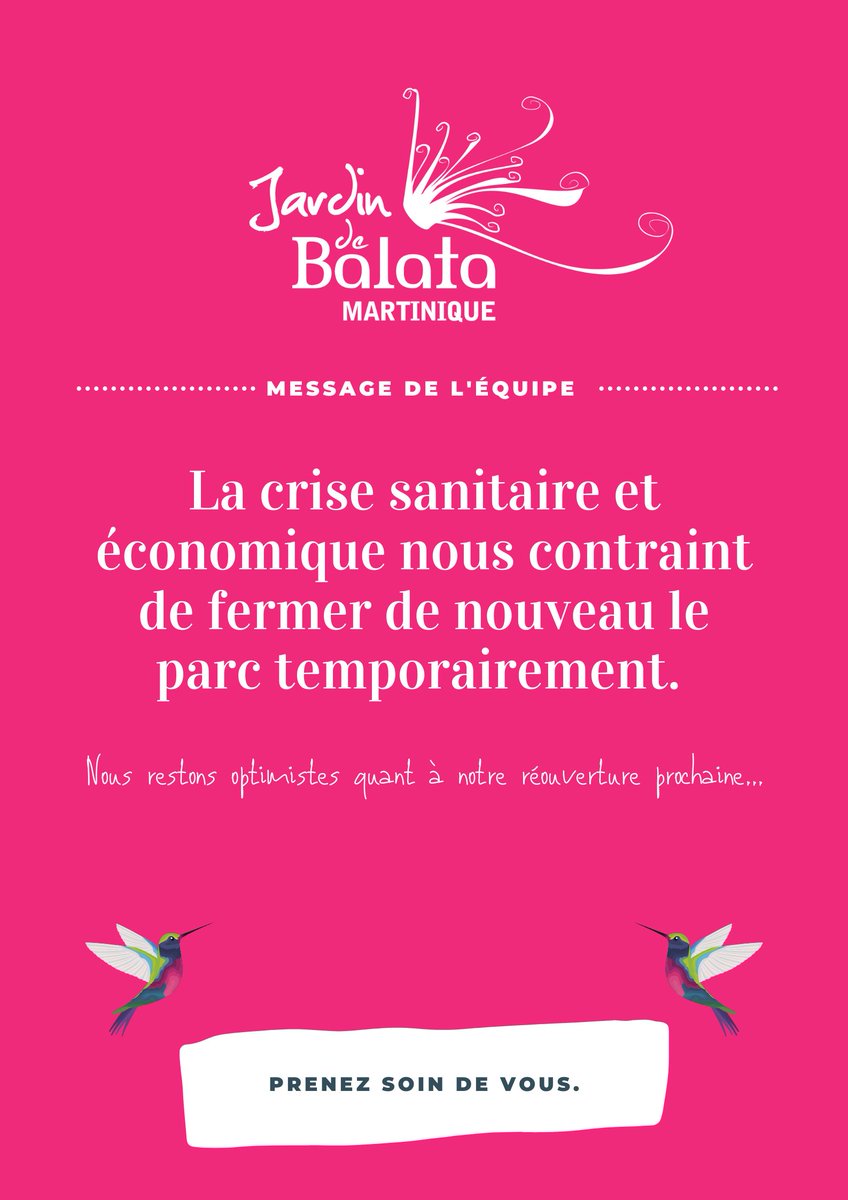 La crise sanitaire et économique nous contraint de fermer de nouveau le parc temporairement. 

Nous restons optimistes quant à notre réouverture prochaine...
Bien à vous tous, Prenez soin de Vous. 
L’équipe.

#balata #martinique