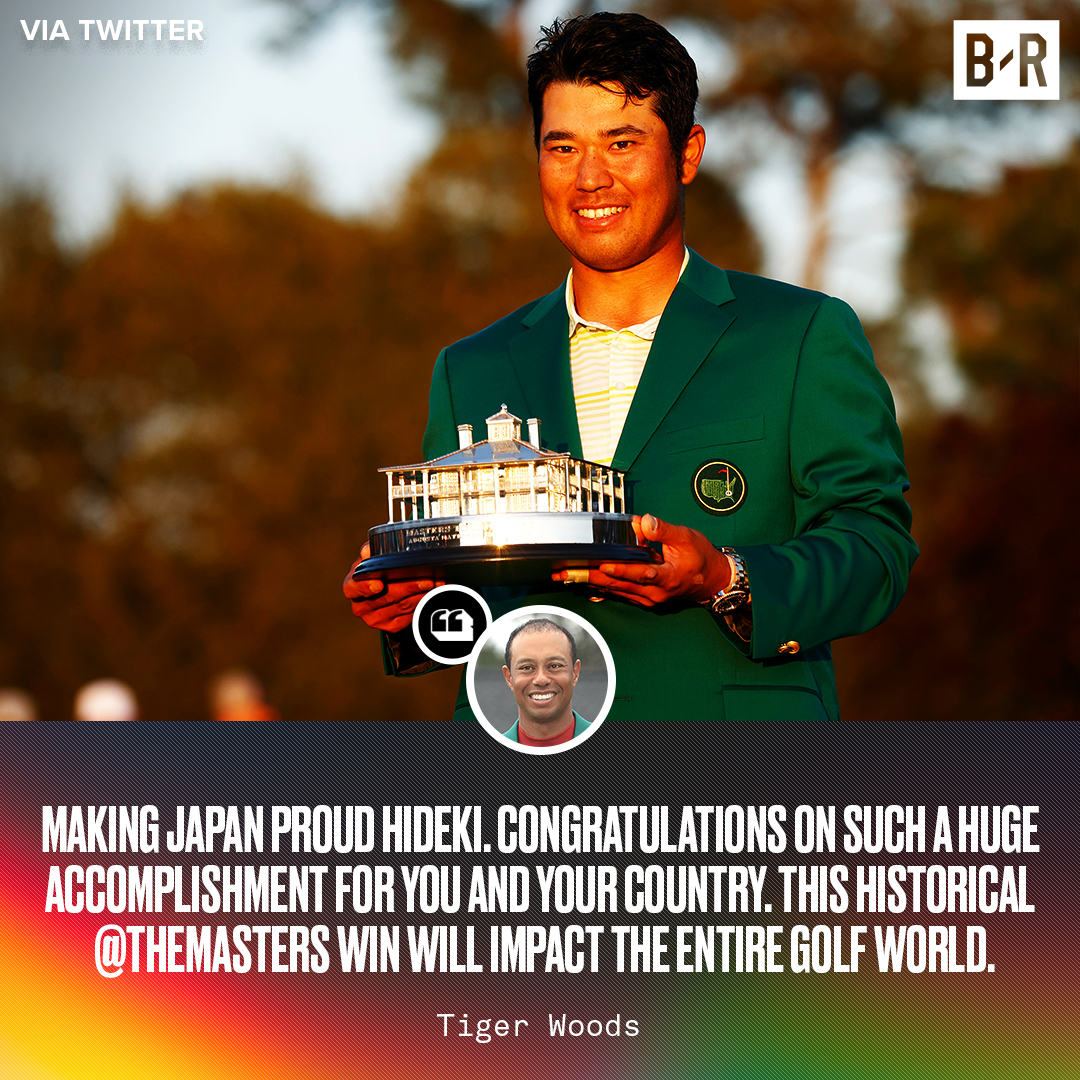 BleacherReport's tweet photo. .@TigerWoods congratulates Hideki Matsuyama on his #themasters win 🤝 https://t.co/i4M9Pu0n1X