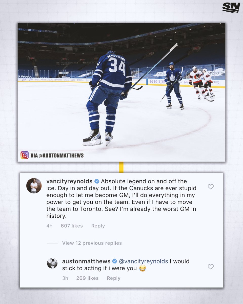 .<a href="/VancityReynolds/">Ryan Reynolds</a> reeeaaalllyy wants <a href="/AM34/">Auston Matthews</a> on his team. 😂