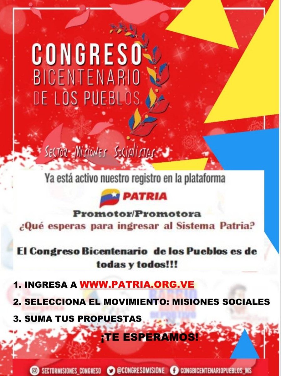 congresoMisione's tweet photo. 📢 ¡ATENCIÓN CAMARADAS!🗣

Paso1️⃣ 
ingresa👉🏻https://t.co/sQbQ3FIV0w

Paso 2️⃣
Pulsa "Misiones Sociales" como tu principal opción.

Paso 3️⃣
Tienes un máximo de 4 opciones, recordando la principal👀👆🏻

#MisionesSociales👊🏼🇻🇪
#CongresoBicentenarioDeLosPueblos
#11Abril https://t.co/dcIWbmyWEX
