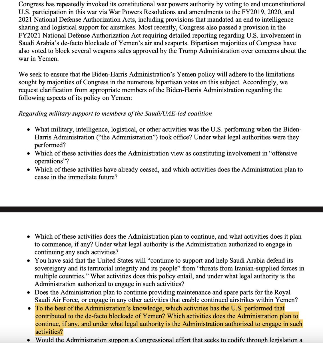 Two+ months ago, 41 Reps. asked for answers on U.S. military participation in the blockade and the nature of the announced end to supporting Saudi offensive actions in Yemen. The White House has not responded. (17/x)  https://theintercept.com/2021/04/07/biden-yemen-war-congress-end/