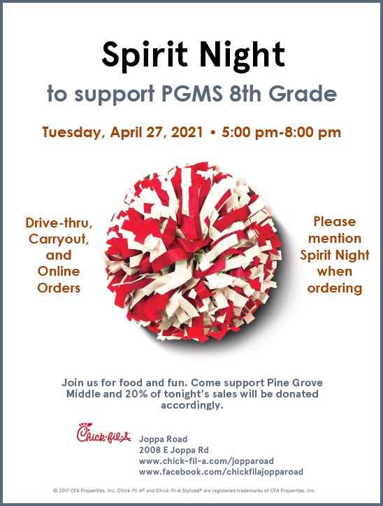 Please support our awesome PGMS 8th grade by joining our spirit night❤️