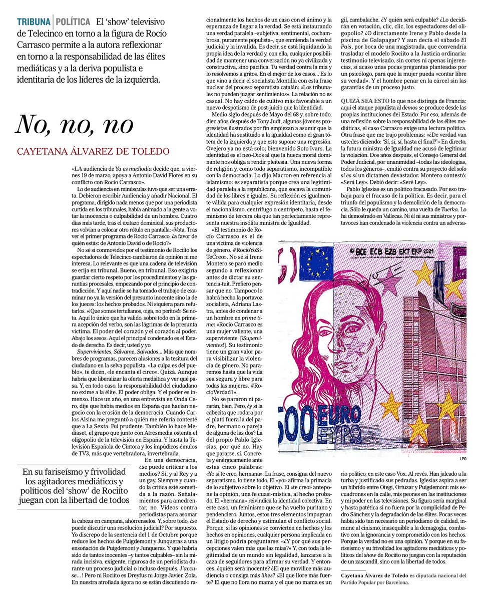 Impresionante hoy en El Mundo ⁦<a href="/cayetanaAT/">Cayetana Álvarez de Toledo</a>⁩. A favor de la verdad y de la justicia. No a las mentiras ni las falsas emociones. Chapó.