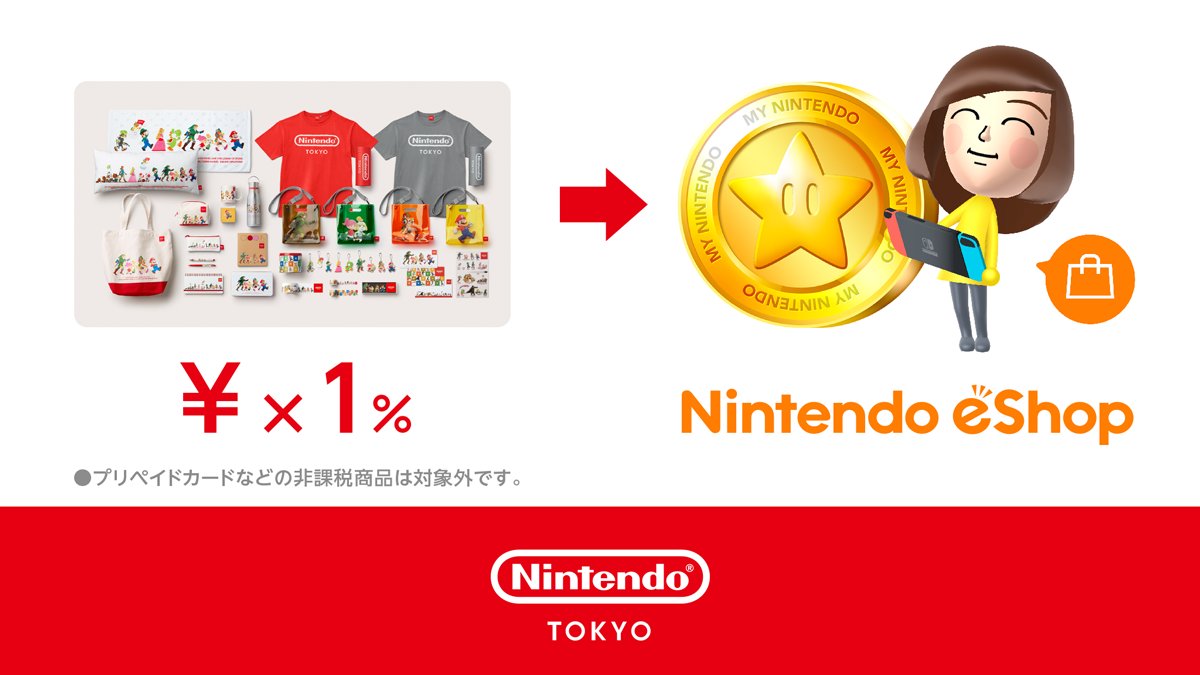Nintendo Tokyo 本日より Nintendotokyo でのお会計時にニンテンドー アカウントのqrコードをご提示いただくと ご購入金額の１ 相当をマイニンテンドーゴールドポイントで還元いたします 獲得ポイントはニンテンドーeショップでダウンロードソフト等の