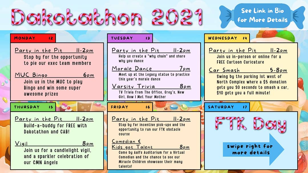 sddakotathon's tweet photo. We're super excited to announce this week will be our first ever Week Of Celebration!

We hope you'll be able to join us at our events for a whole week of FTK🎉

@CMNHospitals https://t.co/qPyCTJfvvu