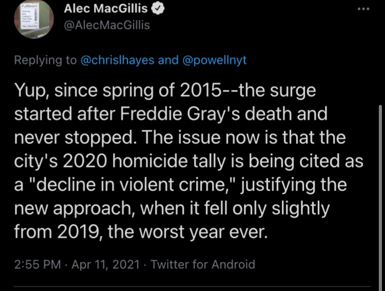 I am so tired of explaining why this is disingenuous—mostly I think the explanation is simple and a lot of white libs just love to see Black people and poor people arrested—but if anyone else who sincerely cares about Baltimore wants to have at this awful convo please do