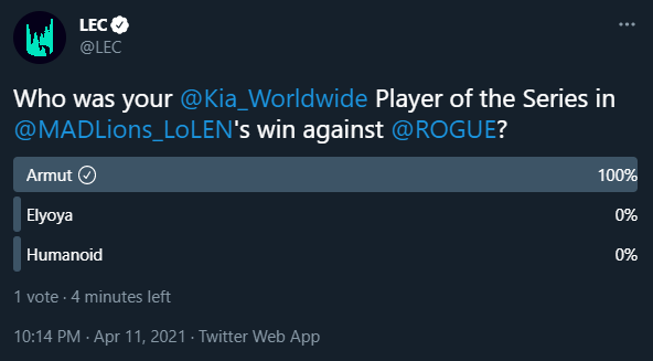 Adam_Jubel's tweet photo. @LEC @Kia_Worldwide @MADLions_LoLEN @ROGUE yes https://t.co/f1a1JhTcsT
