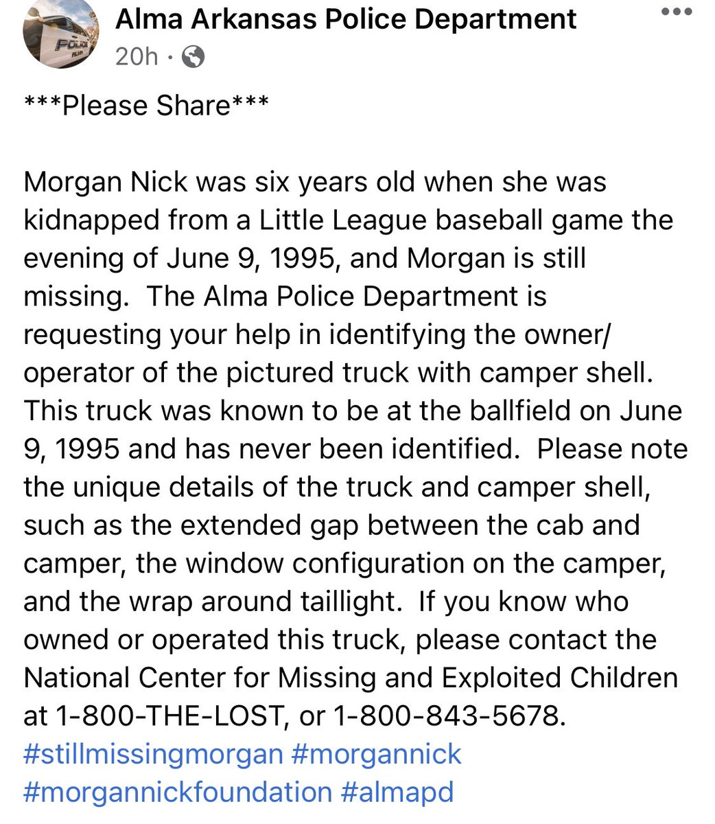 MitchellMcCoy's tweet image. ‘95 KIDNAPPING: Alma Police are looking for the owner of this truck with a camper shell. It could be connected to #MorganNick’s abduction on June 9, 1995.

Note the extended gap between cab &amp;amp; camper, window configuration on camper &amp;amp; wrap around taillight.

Send tips: @MissingKids