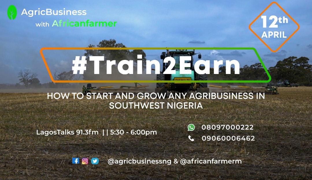 AfricanFarmerM's tweet photo. Are you ready for #Train2Earn?

Engage with us tomorrow on Lagostalks 91.3fm by 5:30pm and find out how to leverage this opportunity.

Share with your family, friends and colleagues.

#Train2Earn #AgricbusinessNG https://t.co/1GYGytrM4L