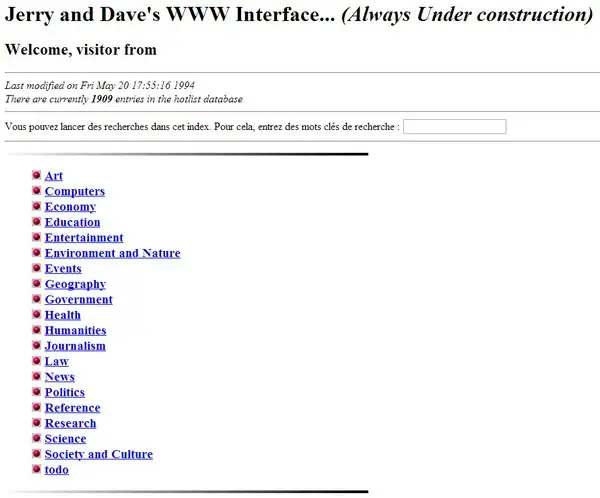 And finally, here's the answer. From the May 20, 1994 backup, we find the Perl script generating "Jerry & Dave's Guide to WWW," showing that its originally pre-Yahoo URL was  http://akebono.stanford.edu/~jerry/bin/index.html. Doesn't get more '90s oldweb than that. (thx  @jomc and  @artlung!)