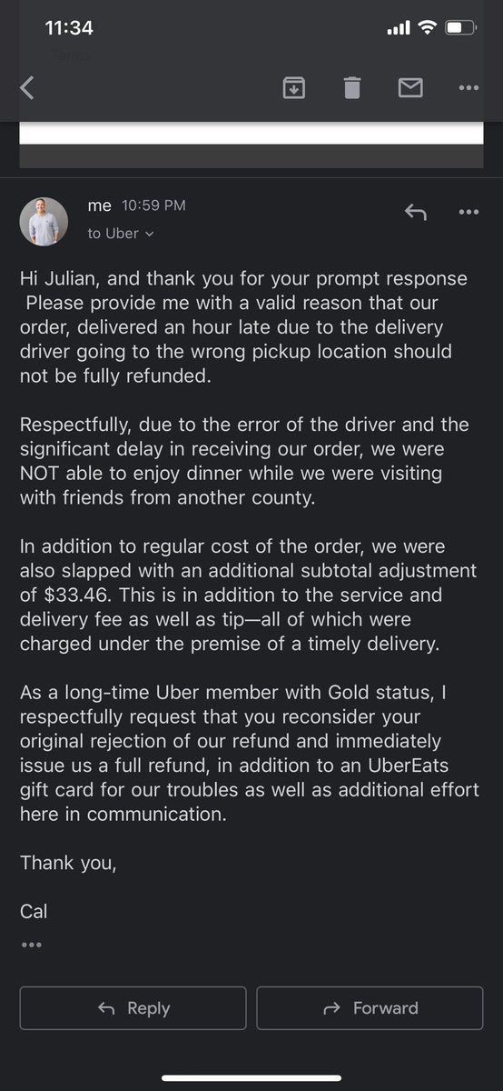 Cal_Bowman's tweet photo. @UberEats is it standard practice to treat customer issues so ignorantly? Is a one-hour+ delay due to driver fault ineligible for dispute? Is an unauthorized $37 in a “subtotal adjustment” acceptable? How are you holding your drivers accountable? I want my refund. @Uber_Support https://t.co/XSm2rgngdt