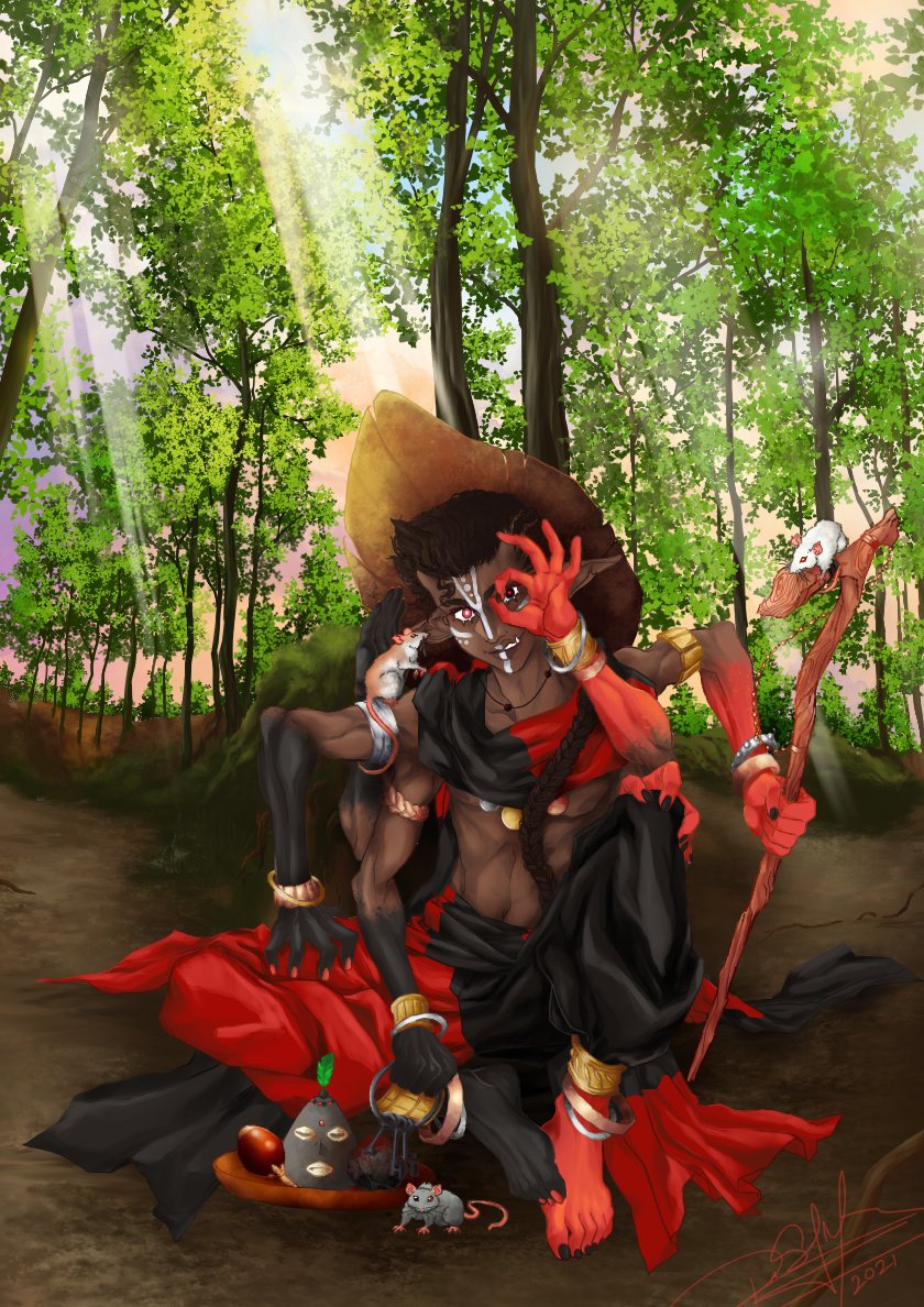 Siricar1's tweet photo. Inspired by a Yoruban deity of the same name, Eleggua is usually depicted as a boy of 12-14 years of age who dresses in black and red. God of travelers, he serves as a messenger between humans and the gods...But he's known to prank both of them often https://t.co/c6XnDRqLZ7