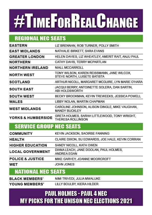 tfrc_unison's tweet photo. It's #TimeForRealChange in #UNISON and these candidates stand for that in the upcoming NEC elections. Please pin this message to your social media profile and help spread the word! #Paul4NEC #TheMembersCandidate https://t.co/zvakJdnOKf