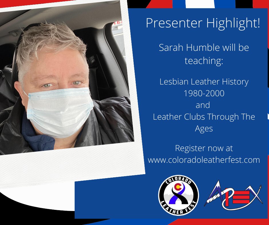 CLFevent's tweet photo. CLF2021 Presenter Highlight!
Sarah Humble (she/her/hers) attended her first leather event in 1988 (Mid Atlantic Leather). Find out what she's been doing since then &amp; more about our incredible presenter line-up at https://t.co/zWPHE8V7ls
Register Today! https://t.co/filCnI3ahY