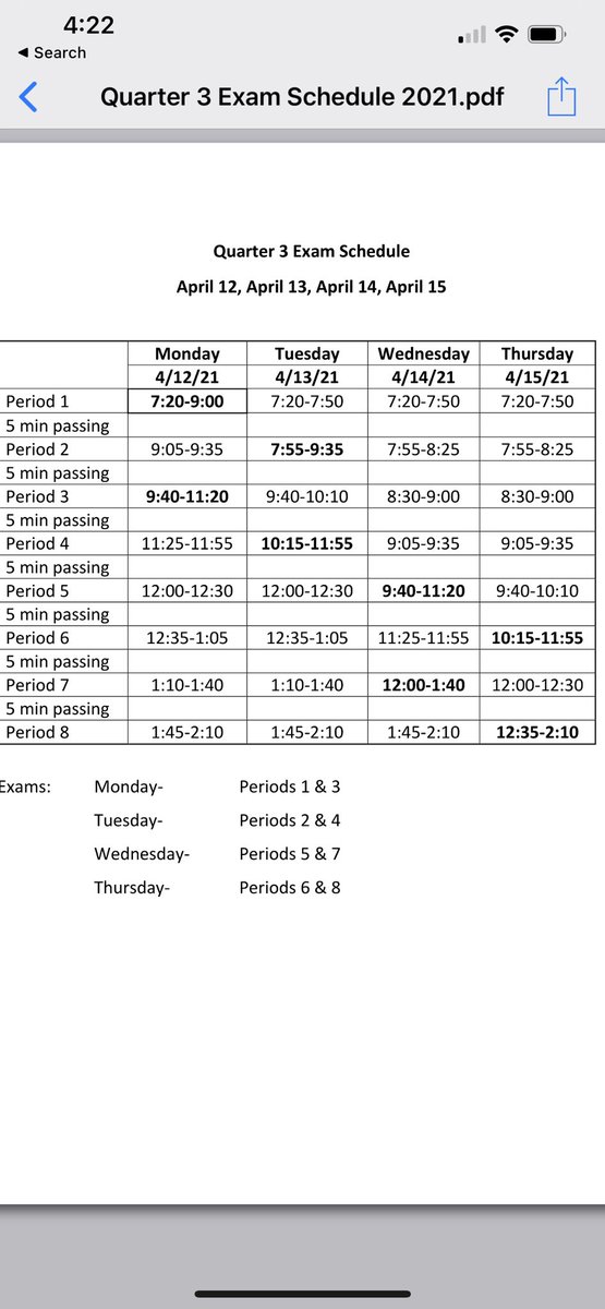 3rd Nine Week Exam Schedule