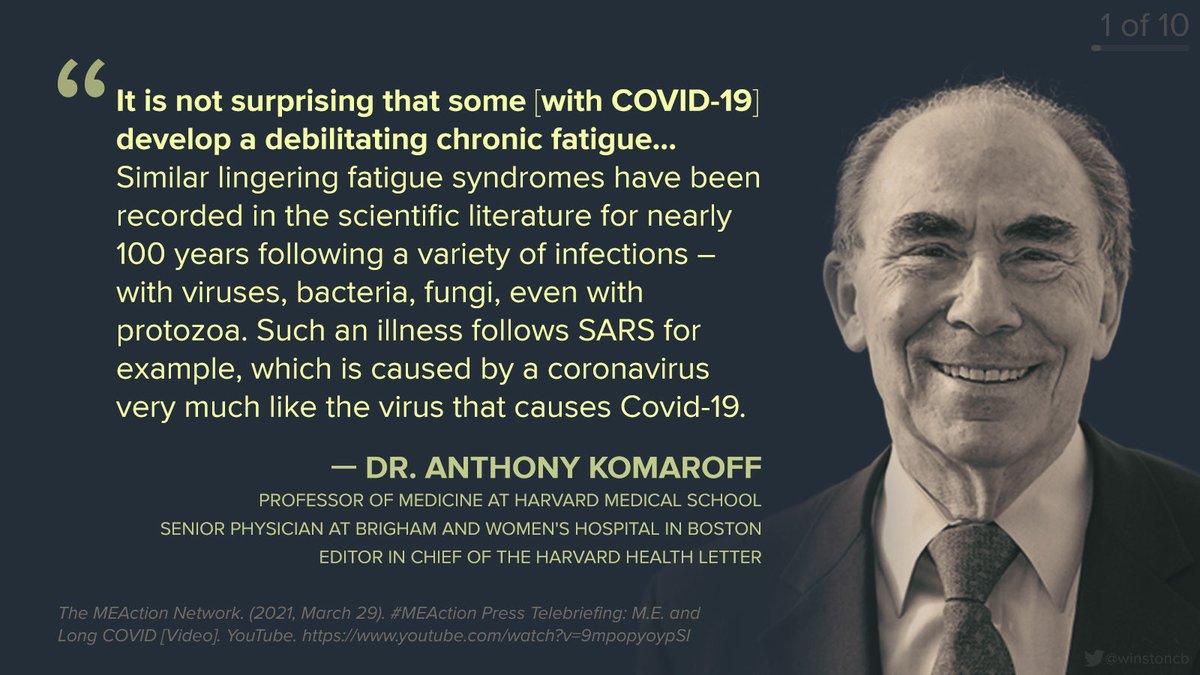 1/ At a recent  @MEActNet briefing, Dr. Anthony Komaroff confirmed his earlier prediction that we had reason to expect some w/ COVID-19 would develop a debilitating chronic fatigue syndrome w/ symptoms similar to post-viral  #MECFS (focusing on  #LongCovid cases w/o organ damage).