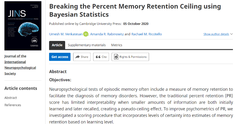 INSneuro's tweet photo. Interested in neuropsych testing of episodic memory &amp; improved psychometrics of percent retention? Find this article "Breaking the Percent Memory Retention Ceiling using Bayesian Statistics" by Venkatesan et al. @MossResearch in the current #JournalINS: https://t.co/hvn5KBgcIm