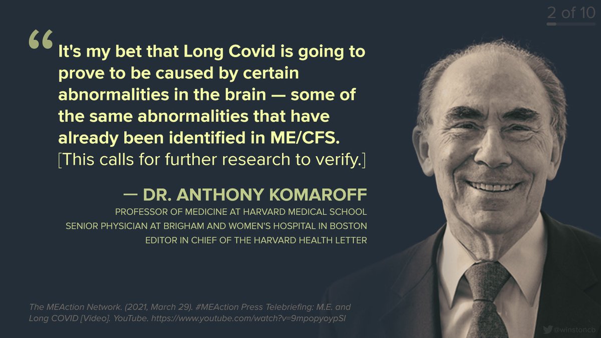 2/ Komaroff alluded to abnormalities found in the brain in  #MECFS, referencing theory of chronic low-grade activation of immune system in the brain — requires validation. Called for  #LongCovid studies to build off past ME/CFS findings, plus research including both patient groups.