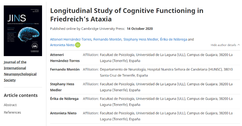 INSneuro's tweet photo. "Longitudinal Study of Cognitive Functioning in Friedreich’s Ataxia" article by Hernández-Torres, Montón, Hess Medler, de Nóbrega &amp; Nieto @ULL in #JournalINS. Authors show that patients with this common hereditary ataxia experience decline over time in several cognitive domains.