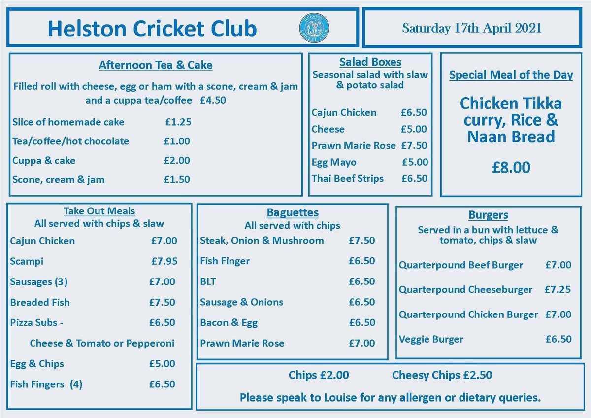 HelstonCC's tweet photo. Brand new menu! Louise will be in the kitchen all day Saturday, as well as the bar being open and the 1st XI hosting @beaconcc #HCC https://t.co/1Lf2KixKw5