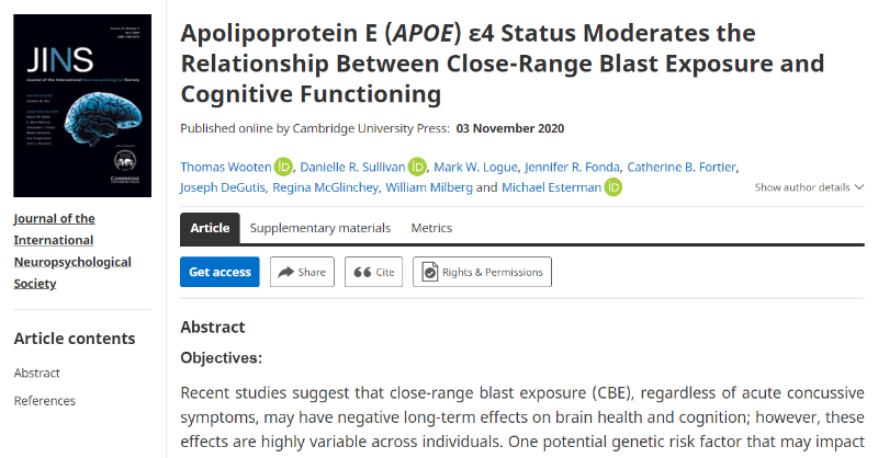 INSneuro's tweet photo. Find this publication "Apolipoprotein E (APOE) ε4 Status Moderates the Relationship Between Close-Range Blast Exposure and Cognitive Functioning" by Wooten et al. @TuftsUniversity @VABostonHC @BUMedicine @harvardmed in the current #JournalINS issue: https://t.co/xMuQa9Pq8O