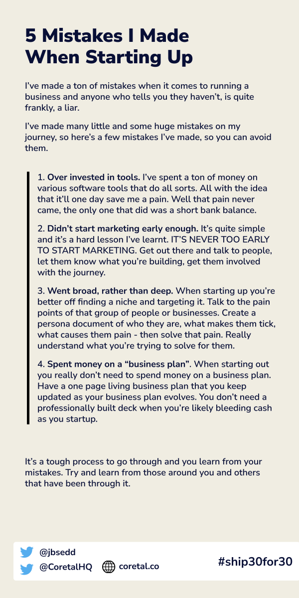 Inevitably you’re going to make mistakes in business.

Especially when starting out. 

I’ve made mistakes that have cost me £1000s. 

Here’s 5 I’ve made, so you don’t have to 👇