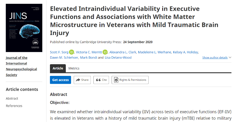 INSneuro's tweet photo. "Elevated Intraindividual Variability in Executive Functions and Associations with White Matter Microstructure in Veterans with Mild Traumatic Brain Injury" - article by Sorg et al. @VASanDiego @UofCalifornia @UW in the current #JournalINS issue: https://t.co/PHVklD07kb