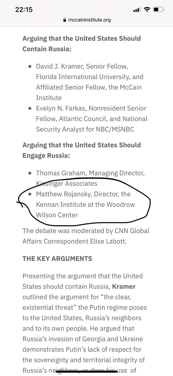 Here’s a debate that Rojansky participated in at the McCain Institute. He was arguing against containing Russia in favor of “engagement”
