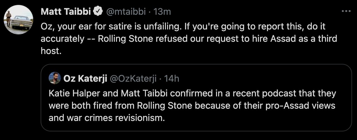 Sure Matt, it's always "satire". You crack jokes while your guests cover up atrocities, Rolling Stone had enough, so you cracked some jokes about that too. You're the punchline though.