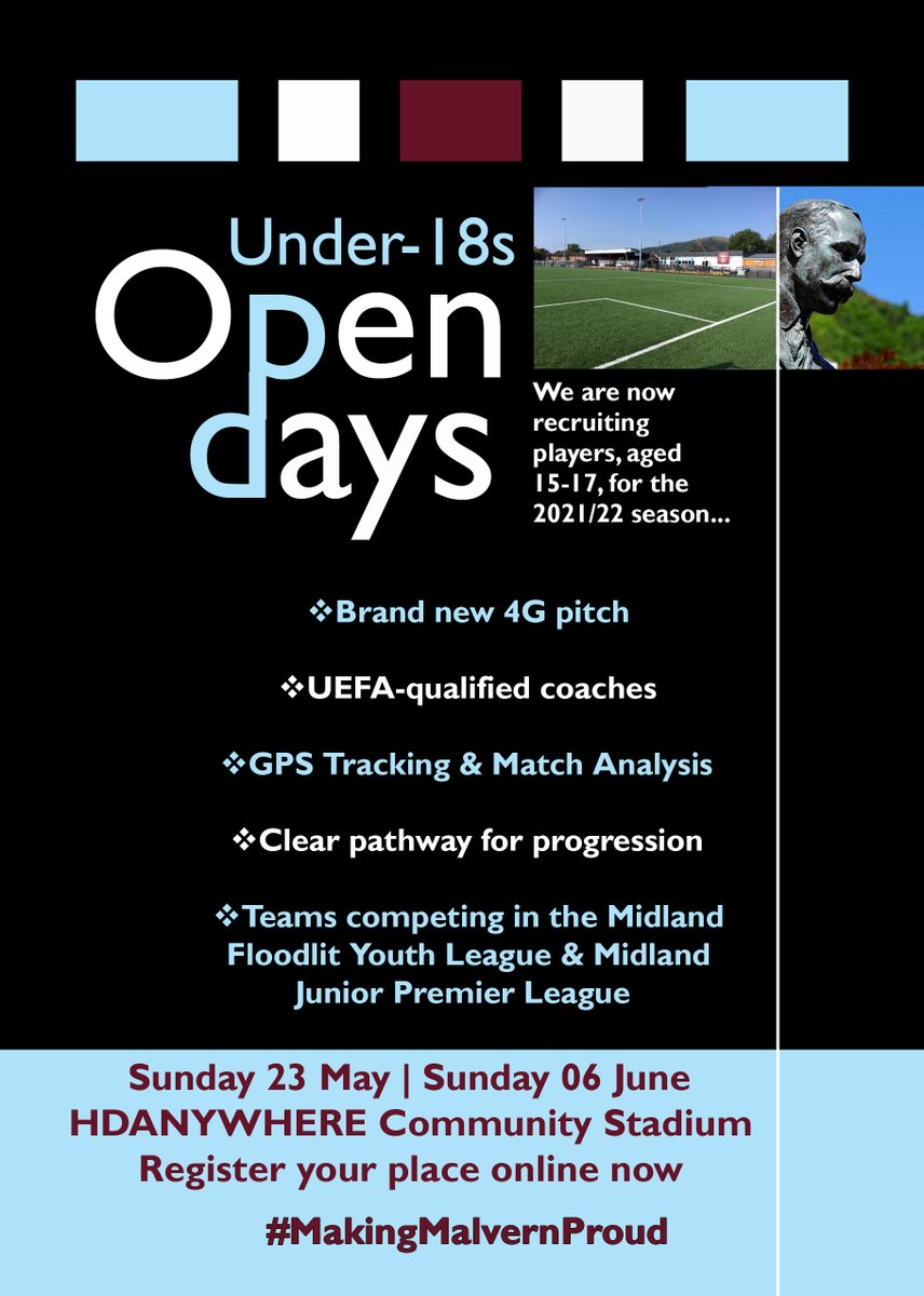 UNDER-18s OPEN DAYS: We are now recruiting players, aged 15-17, for the 2021/22 season

Register online for our Open Days, on May 23 and June 06 - full details here: malverntown.co.uk/news/under-18s…

#MakingMalvernProud