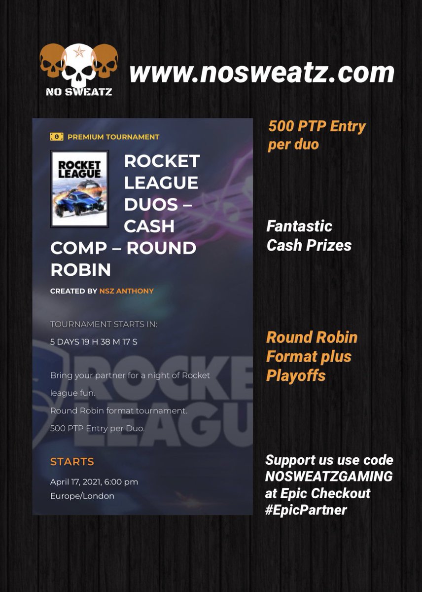 SweatzNo's tweet image. Saturday 17th April
Rocket League Duos Tournament.
Round Robin plus Playoffs Fortnite. 
500 PTP Entry per Duo.
Fantastic Cash Prizes.

#nosweatz #rocketleague #esports #esportsteam #gaming #pcgaming #xbox #playstation #duos #epicpartner
