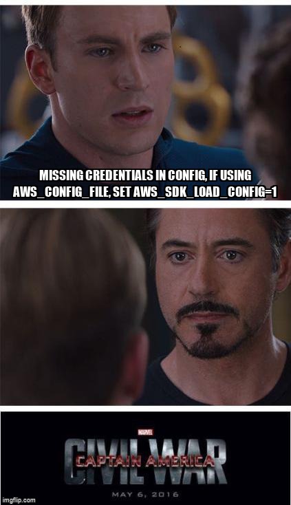 overflow_meme's tweet image. Missing credentials in config, if using AWS_CONFIG_FILE, set AWS_SDK_LOAD_CONFIG=1 stackoverflow.com/questions/6102… #amazonwebservices #awsconfig #nodejs
