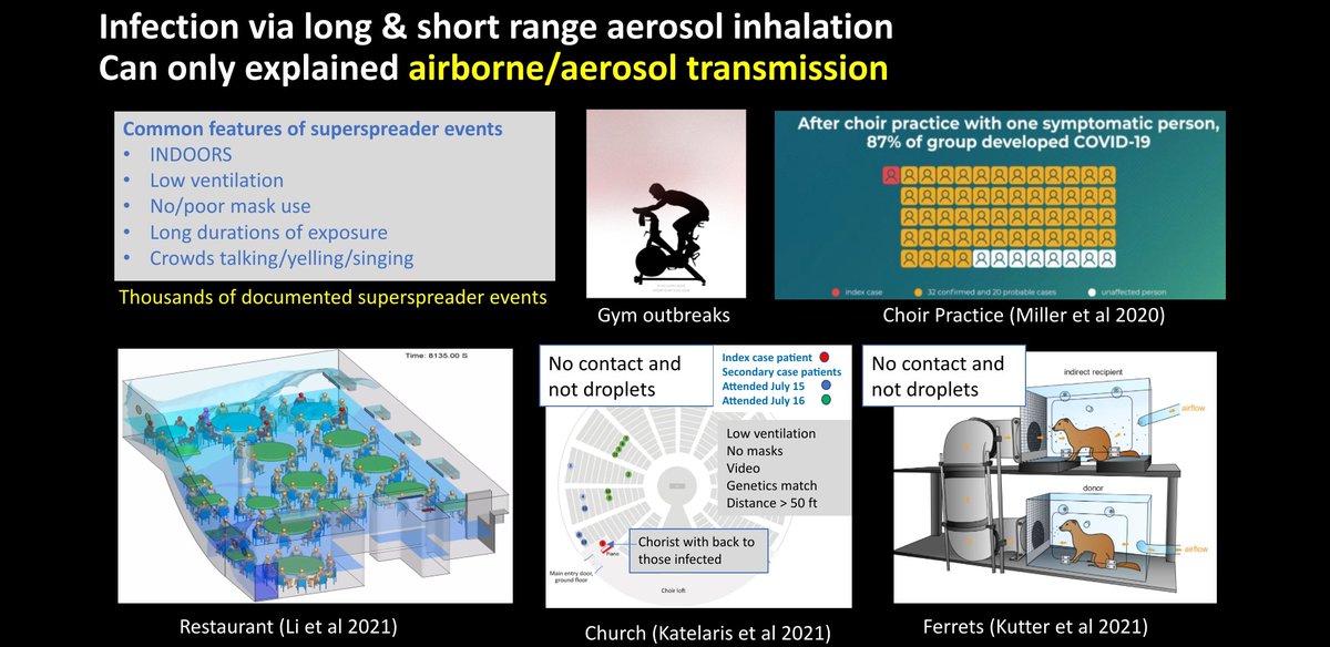 Chen used a model, reliant on the "basic science" of fluid mechanics, to analyze the probability of Aerosol transmission. Other indoor superspreader investigations modeled air flow and used video recordings to rule out close contact. They even infected some ferrets via air.5/