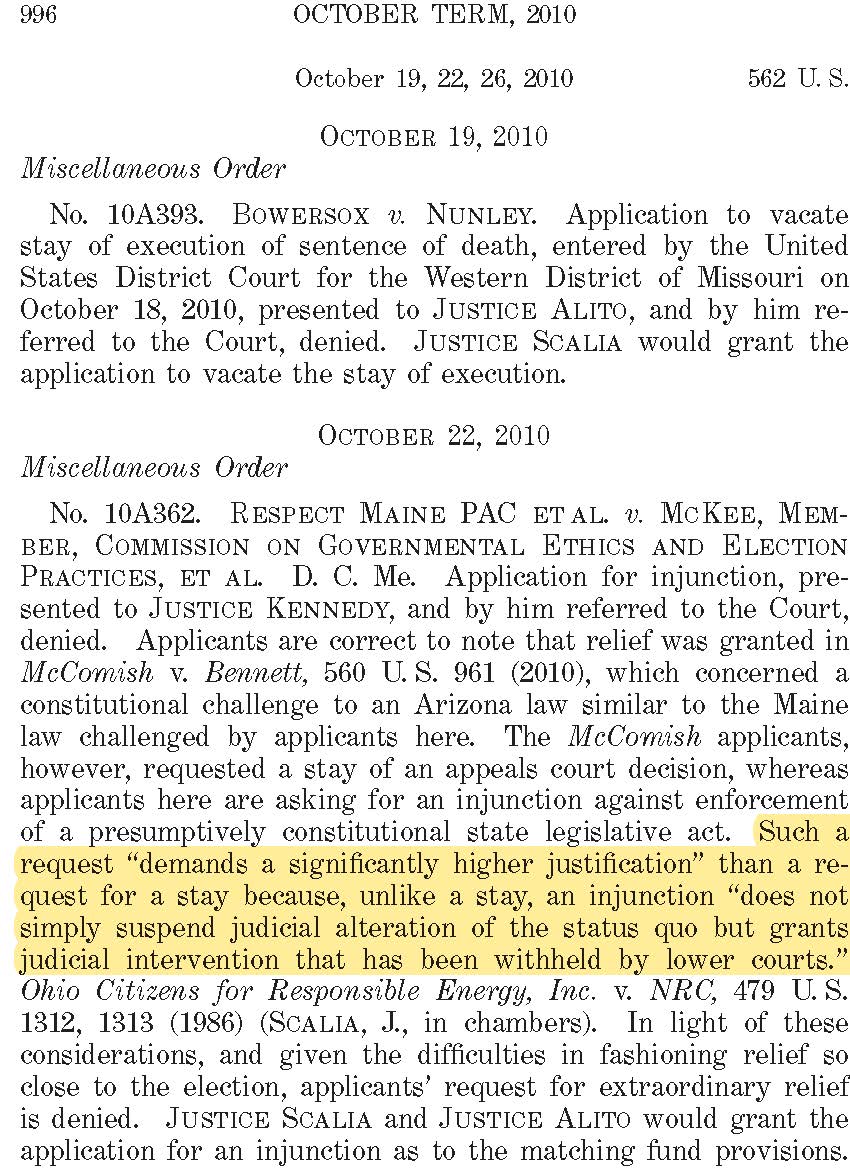 (In the old days, most of these applications were resolved by individual Justices acting "in chambers" as the Circuit Justice. But the same considerations apply when the full Court is acting, as noted in this 2010 order:)